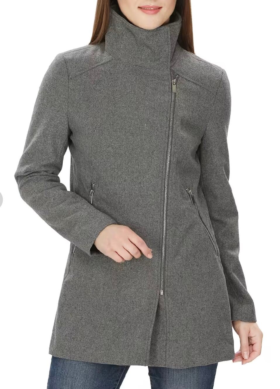 Bershka Womens Large Gray Asymmetrical Zip PeaCoat High Collar Wool Blend Jacket